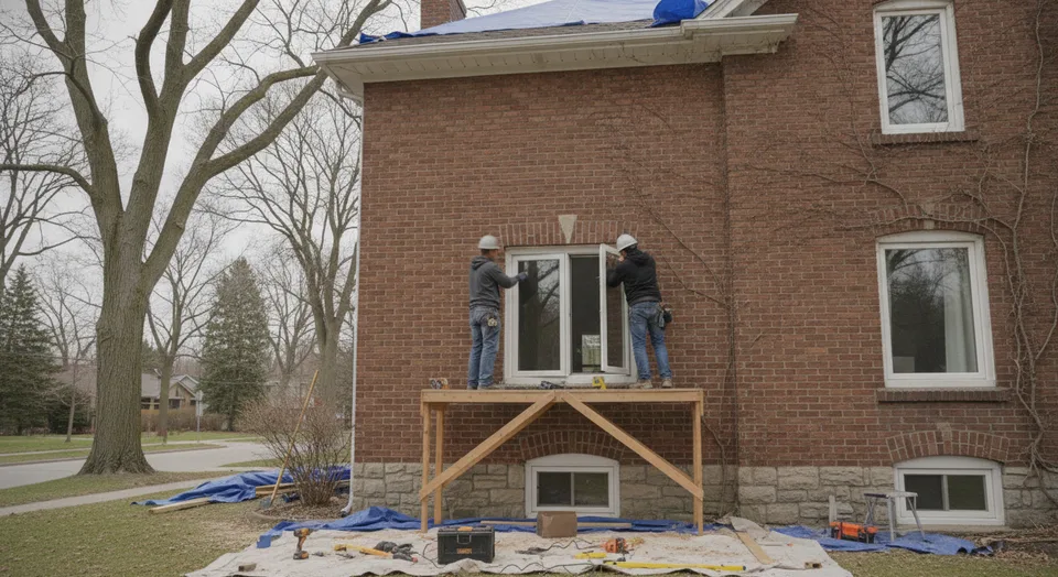 A new casement window being fitted into the opening of a brick house in Guelph, Ontario